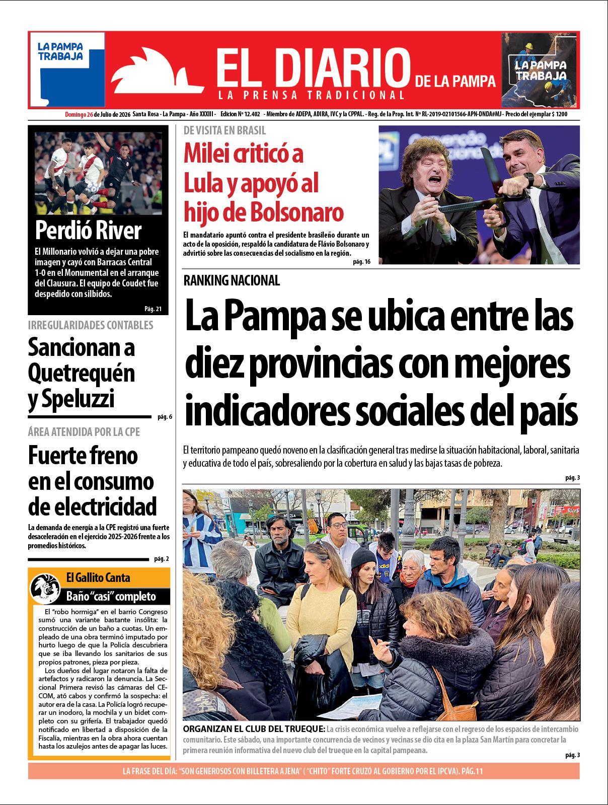 Tapa de El Diario en papel  domingo 26 de julio de 2026